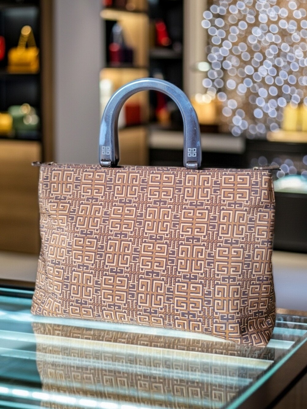 Givenchy 90's Rare Brown Monogram Top Handle Bag With Tortoise Lucite Handles
